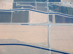 irrigation canals and farmland along the I-5 in California